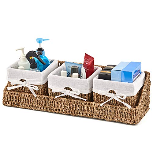 EZOWare Set of 3 Natural Seagrass Baskets with Hanging Tray, Wall Mountable Storage Wicker Container Bins Set with Removal linens