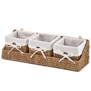 EZOWare Set of 3 Natural Seagrass Baskets with Hanging Tray, Wall Mountable Storage Wicker Container Bins Set with Removal linens