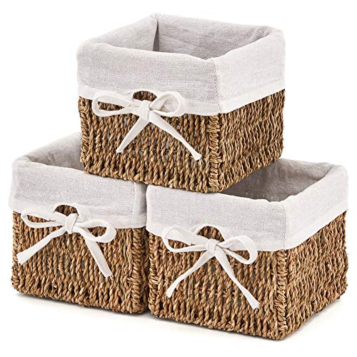 EZOWare Set of 3 Natural Seagrass Baskets with Hanging Tray, Wall Mountable Storage Wicker Container Bins Set with Removal linens