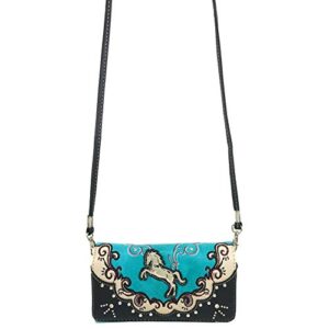 Zelris Western Mustang Horse Turquoise Women Crossbody Wrist Trifold Wallet (Turquoise)