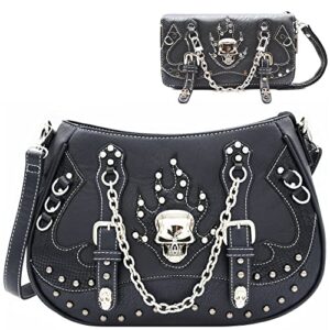 western origin punk gothic skull chain crossbody handbag removable strap purse women single shoulder bag/wallet black