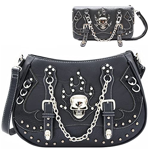 WESTERN ORIGIN Punk Gothic Skull Chain Crossbody Handbag Removable Strap Purse Women Single Shoulder Bag/Wallet Black