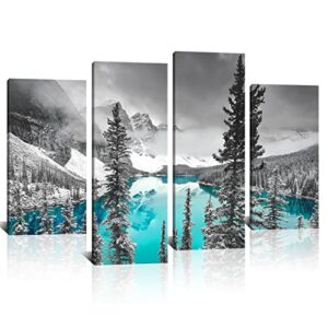 derkymo 4 pieces teal blue moraine lake wall art black and white canada rocky mountain picture landscape print on canvas giclee artwork for wall decor easy to hang 12″x24″x2pcs+12″x32″x2pcs