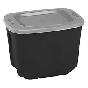 homz plastic storage tote box, with lid, 10 gallon, black and silver, stackable, 1-pack