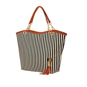 womens canvas handbag tassel stripes purse tote fashion shoulder bag large capacity, black and white