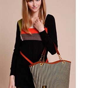 Womens Canvas Handbag Tassel Stripes Purse Tote Fashion Shoulder Bag Large Capacity, Black and White