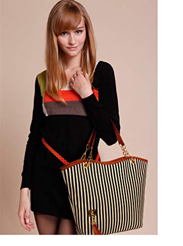 Womens Canvas Handbag Tassel Stripes Purse Tote Fashion Shoulder Bag Large Capacity, Black and White