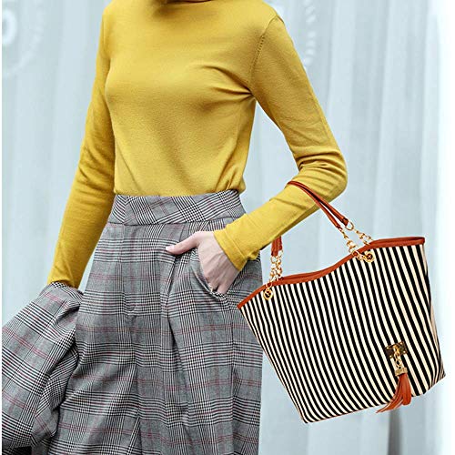 Womens Canvas Handbag Tassel Stripes Purse Tote Fashion Shoulder Bag Large Capacity, Black and White