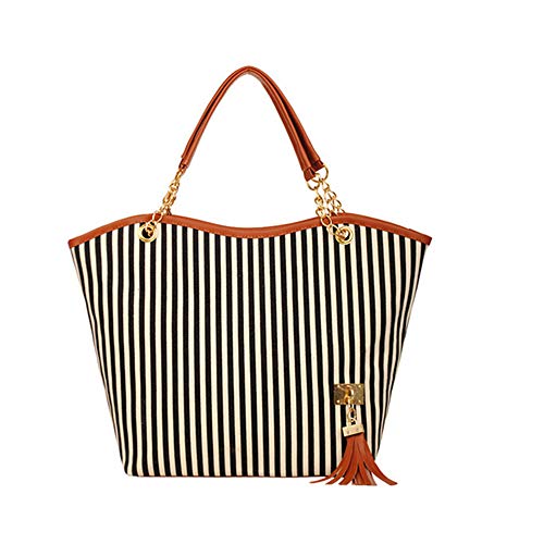 Womens Canvas Handbag Tassel Stripes Purse Tote Fashion Shoulder Bag Large Capacity, Black and White