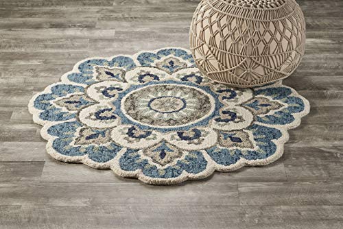 LR Home Edged Flora Area Rug, 4' Round, Blue