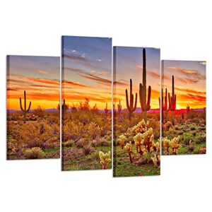 kreative arts – colorfull sunset with saguaros landscape canvas wall art sonoran desert picture gallery wrapped botanical cactus in arizona picture print on canvas for living room