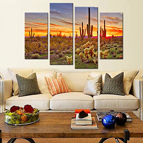 Kreative Arts - Colorfull Sunset with Saguaros Landscape Canvas Wall Art Sonoran Desert Picture Gallery Wrapped Botanical Cactus in Arizona Picture Print on Canvas for Living Room