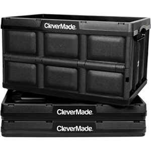 clevermade 32l collapsible storage bins – folding plastic stackable utility crates, solid wall, no lid, 3 pack, black
