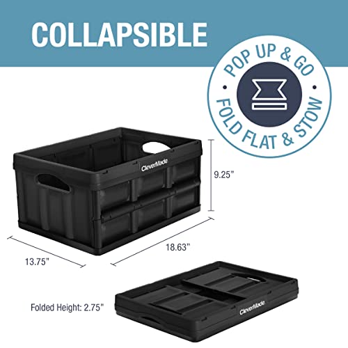 CleverMade 32L Collapsible Storage Bins - Folding Plastic Stackable Utility Crates, Solid Wall, No Lid, 3 Pack, Black