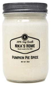nika’s home pumpkin pie spice soy candle 12oz mason jar non-toxic white soy handmade, long burning 50-60 hours highly scented all natural, clean burning candle gift décor