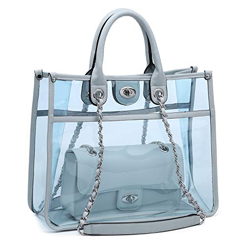 Large Clear Tote Bag PVC Top Handle Shoulder Bag 2 Pieces Set With Turn Lock Closure (Blue)