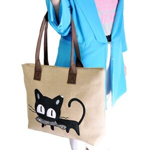 Women Canvas Handbag Cartoon Cat Eat Fish Tote Purse Leisure Hobo Bag for Shopping, Khaki