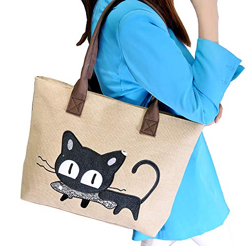 Women Canvas Handbag Cartoon Cat Eat Fish Tote Purse Leisure Hobo Bag for Shopping, Khaki