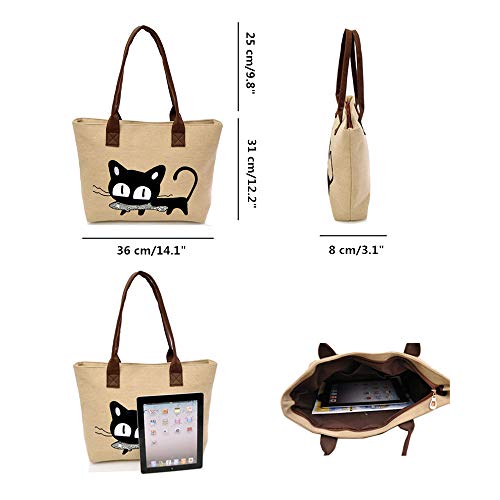 Women Canvas Handbag Cartoon Cat Eat Fish Tote Purse Leisure Hobo Bag for Shopping, Khaki