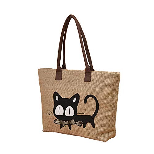 Women Canvas Handbag Cartoon Cat Eat Fish Tote Purse Leisure Hobo Bag for Shopping, Khaki