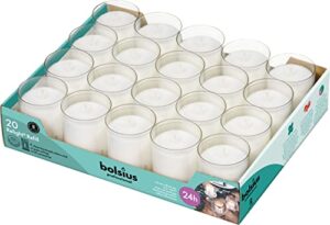 bolsius votive candles – 20 pack restaurant candles in clear unbreakable plastic cups – 24 hours burn time – premium european quality – unscented smokeless relight, birthday, party & wedding candles