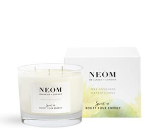 neom- feel refreshed scented candle, 3 wick | lemon & basil | essential oil aromatherapy candle | scent to boost your energy