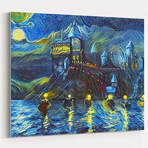 westlake art starry night castle night boats canvas wall art print van gogh magical merchandise modern abstract artwork for home room decor – 16×24 inch unframed