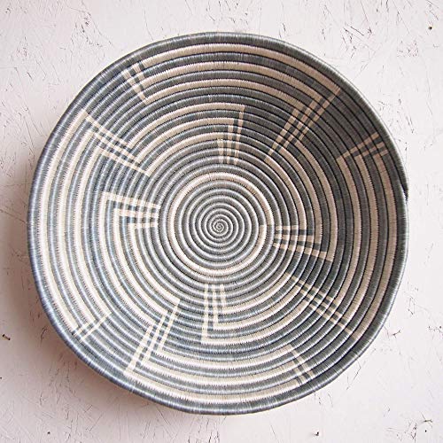 16" X-Large African Basket- Malindi/Rwanda Basket/Woven Bowl/Sisal & Sweetgrass Basket/Blue-Gray, White