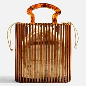 Womens Fashion Bamboo Bag with Acrylic Handle Bucket Bag Summer Beach Clutch Purse Handbags