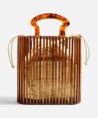 Womens Fashion Bamboo Bag with Acrylic Handle Bucket Bag Summer Beach Clutch Purse Handbags