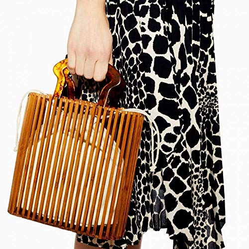 Womens Fashion Bamboo Bag with Acrylic Handle Bucket Bag Summer Beach Clutch Purse Handbags