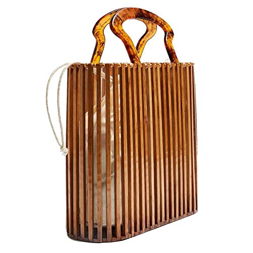 Womens Fashion Bamboo Bag with Acrylic Handle Bucket Bag Summer Beach Clutch Purse Handbags