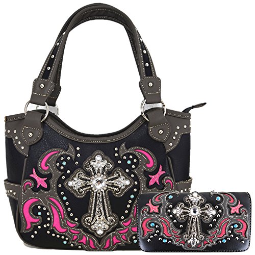 Western Style Rhinestone Cross Tote Concealed Carry Purse Laser Cut Handbag Women Shoulder Bag Wallet Set (Black/Fuchsia Set)