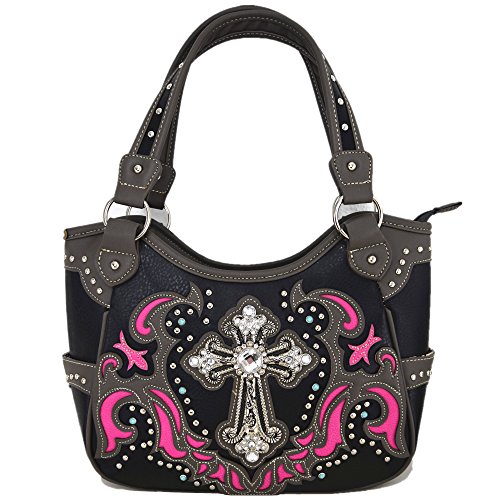 Western Style Rhinestone Cross Tote Concealed Carry Purse Laser Cut Handbag Women Shoulder Bag Wallet Set (Black/Fuchsia Set)