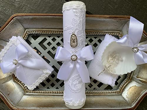 Baptism White Candle Set with Lady of Guadalupe Medal and Pearls Details