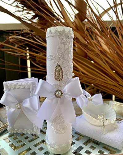 Baptism White Candle Set with Lady of Guadalupe Medal and Pearls Details