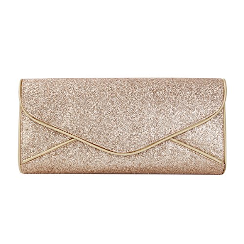 Premium Large Metallic Glitter Envelope Flap Clutch Evening Bag, Champagne