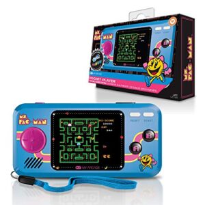 my arcade pocket player handheld game console: 3 built in games, ms. pac-man, sky kid, mappy, collectible, full color display, speaker, volume controls, headphone jack, battery or micro usb powered