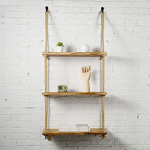 DryInsta Rope Floating Shelves Wood Hanging Swing 3 Tier 21.65" x 8.6" for Living Room Bedroom Bathroom Farmhouse Home Decor and Wall Storage (Jute Rope)