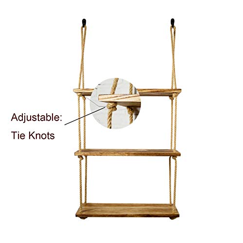 DryInsta Rope Floating Shelves Wood Hanging Swing 3 Tier 21.65" x 8.6" for Living Room Bedroom Bathroom Farmhouse Home Decor and Wall Storage (Jute Rope)