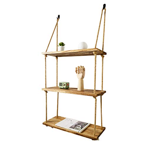 DryInsta Rope Floating Shelves Wood Hanging Swing 3 Tier 21.65" x 8.6" for Living Room Bedroom Bathroom Farmhouse Home Decor and Wall Storage (Jute Rope)