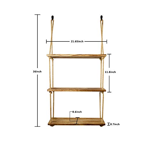 DryInsta Rope Floating Shelves Wood Hanging Swing 3 Tier 21.65" x 8.6" for Living Room Bedroom Bathroom Farmhouse Home Decor and Wall Storage (Jute Rope)