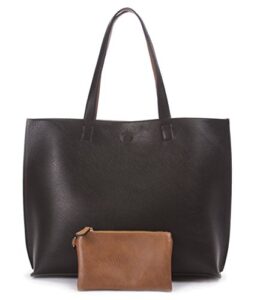 overbrooke reversible tote bag – vegan leather womens shoulder tote with wristlet, black/light brown, large