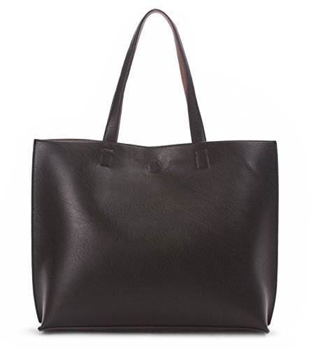 Overbrooke Reversible Tote Bag - Vegan Leather Womens Shoulder Tote with Wristlet, Black/Light Brown, Large