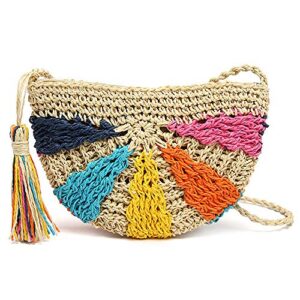 qtkj boho women’s summer beach colorful straw crochet zipper crossbody bag handwoven shoulder bag purse with colorful tassels decorate