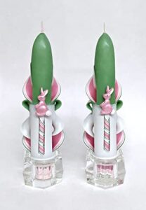 carved taper candles with easter bunny (pink/green, pink bunny) – 6 inch