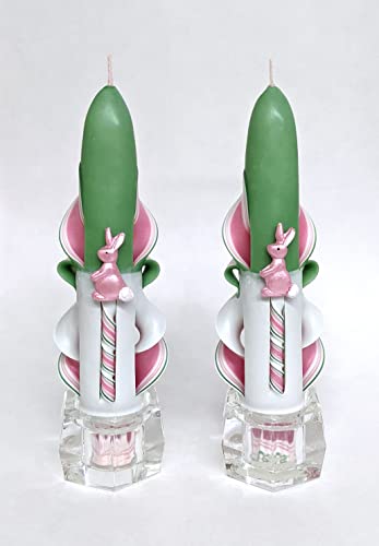 Carved Taper Candles with Easter Bunny (Pink/Green, Pink Bunny) - 6 Inch