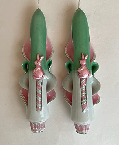 Carved Taper Candles with Easter Bunny (Pink/Green, Pink Bunny) - 6 Inch