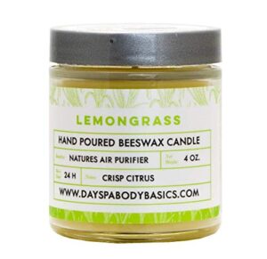 lemongrass hand-poured beeswax candle – all-natural essential oil scented, cotton braided wick, chemical-free, smokeless, cleans air, non-toxic, non-polluting, non-allergenic, handmade in usa