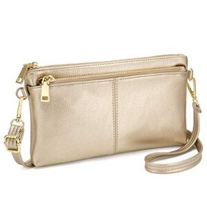 ZOOEASS Triple Zip Small Crossbody Bag Lightweight Purses Vegan Leather Wristlet Clutch, Includes Adjustable Shoulder (Gold)